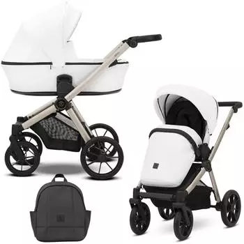 Kunert BRAV 2in1 Kombi-Kinderwagen Öko-Leder, weiß, Champagner-Rahmen