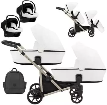 Kunert BRAV DUO 3in1 Zwillingskinderwagen Öko-Leder weiß, Gelräder, Champagnerrahmen