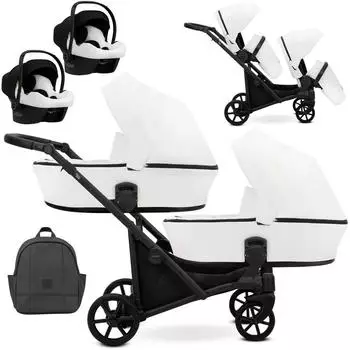 Kunert BRAV DUO 3in1 Doppelkinderwagen Öko-Leder, weiß, schwarzer Rahmen