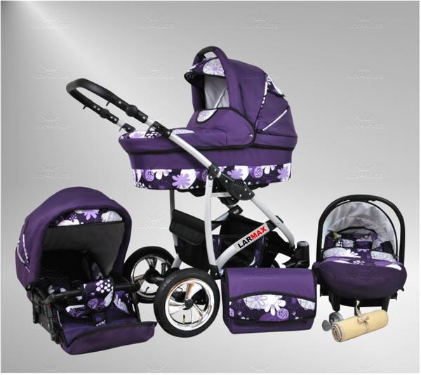 True Love Larmax Kinderwagen Safety-Mega-Set (Winterfußsack, Sonnenschirm, Autositz & ISOFIX Basis, Regenschutz, Moskitonetz, Schwenkräder) 56 Purple & Flowers