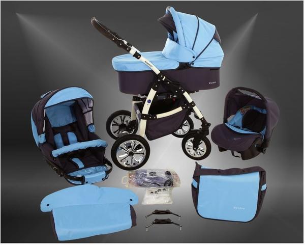 Milk Rock Baby Macano S Kinderwagen Safety-Winter-Set (Winterfußsack, Autositz & ISOFIX Basis, Regenschutz, Moskitonetz, Schwenkräder) MO68 WhiteSky Blue Grey