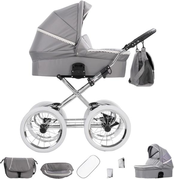 Allgemeine Daten & Bewertungen Friedrich Hugo babys moving art Friedrich Hugo München 3 in 1 Kombi Kinderwagen Komplettset Nostalgie Kinderwagen | Farbe: Silbergrau - Rad: Chrom Weiß