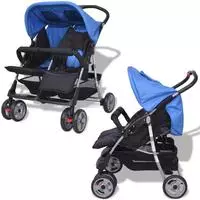 vidaXL Zwillingskinderwagen Stahl Blau und Schwarz