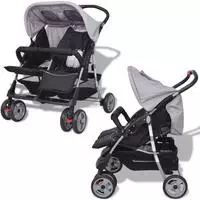 vidaXL Zwillingskinderwagen Stahl Grau und Schwarz