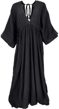 Guru-Shop luftiges Langarm-Baumwollkleid tiefer Ausschnitt Maxikleid