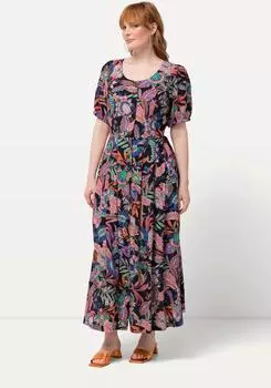 Ulla Popken Kleid Blätter Leinenmix Rundhals Halbarm 824569