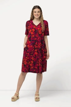 Ulla Popken Jerseykleid A-Linie V-Ausschnitt Halbarm magnolienrot