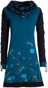 Vishes Minikleid Blumen-Kleid Baumwollkleid Langarm-Shirtkleid Schal-Kragen t&uuml;rkis