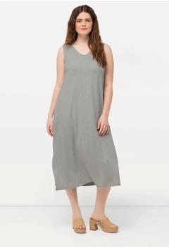 Ulla Popken Jersey-Midikleid V-Ausschnitt ärmellos hellgrau meliert