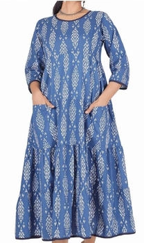 Guru-Shop Bedrucktes Wadenlanges Kleid Indigo Baumwolle