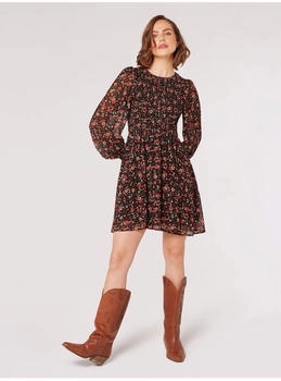 Apricot Gesmoktes Minikleid Ditsy-Blumenmuster apricot