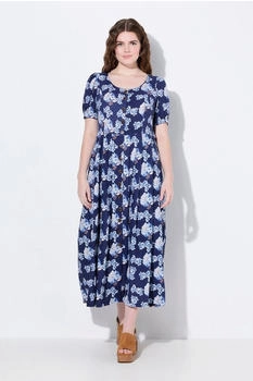 Ulla Popken Dirndl Leinenmix-Maxikleid Rundhals Halbarm Taschen marine