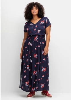 Sheego Maxikleid Alloverdruck und gesmokter Taille marine