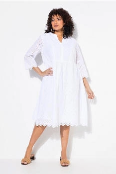 Ulla Popken Maxikleid Midikleid Lochspitze Tunika-Ausschnitt 4-Arm schneeweiß