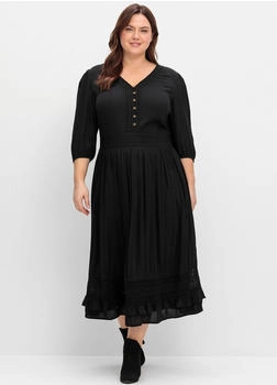 Sheego Maxikleid Volant crinkle schwarz