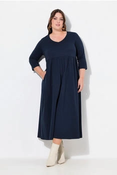 Ulla Popken Maxikleid Jerseykleid Empirenaht V-Ausschnitt 4-Arm marine