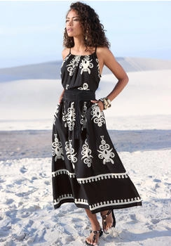 Lascana Midikleid gewebte Viskose Ethnodruck schwarz sand bedruckt