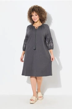 Ulla Popken Jerseykleid Stickerei A-Linie Tunika-Ausschnitt graphitgrau