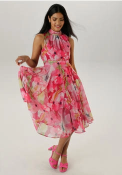Aniston Chiffonkleid floraler Musterung pink rosa hellpink kiwigrün schwarz gelb