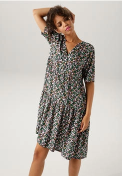Aniston Sommerkleid Minimal-Blumendruck bunt schwarz smaragd hellorange rosa hellblau rose