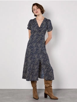 Apricot Midikleid Animalprintkleid zarte Raffungen navy