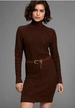 Laura Scott Strickkleid Zopfstrickmuster und Stehkragen braun