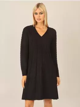 APART Strickkleid Zopfmuster und V-Ausschnitt schwarz