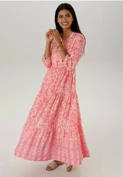 Aniston Maxikleid Ethno-Musterung pink hellrot rose offweiß orange apricot