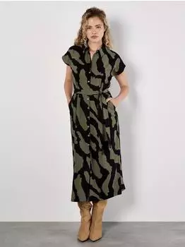 Apricot Midikleid Hemdblusenkleid Zebradruck