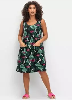 Sheego Jerseykleid Fronttaschen schwarz gemustert