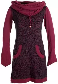 Vishes Bedrucktes Baumwollkleid mit Kapuzenschalkragen und Taschen (A-1117) schwarz-dunkelrot