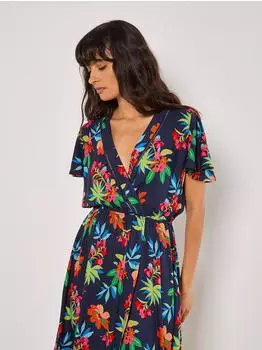 Apricot Tropical Print Wrap Maxikleid navy