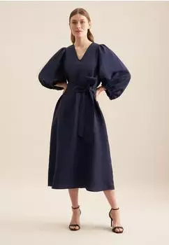 Seidensticker Hemdblusenkleid mit Stickerei Schwarze Rose 3/4-Arm V-Ausschnitt dunkelblau