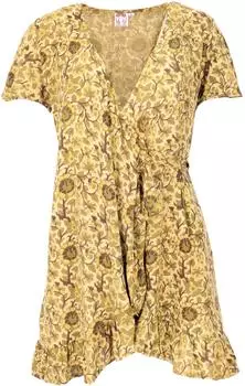 Guru-Shop Boho chic Wickelkleid Blockprint curry
