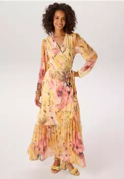 Aniston Wickelkleid mit Batikblüten gelb/apricot/rosa/moosgrün/orange/oliv/braun/marine/weiß/beere/taupe