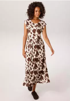 Aniston Sommerkleid mit grafischen Palmen (81129366) wollweiß/braun