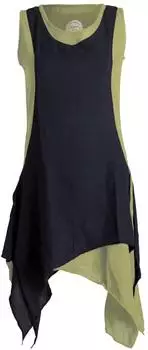 Vishes Zipfeliges Lagenlook Kleid/Tunika aus handgewebter Baumwolle (A-1135A) olive-schwarz