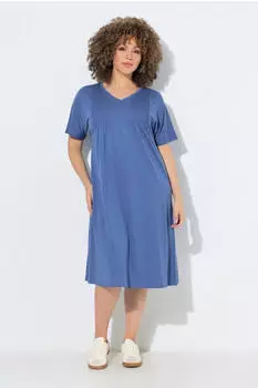 Ulla Popken Punto-di-Roma-Kleid A-Linie V-Ausschnitt 3/4-Arm (840034) azur