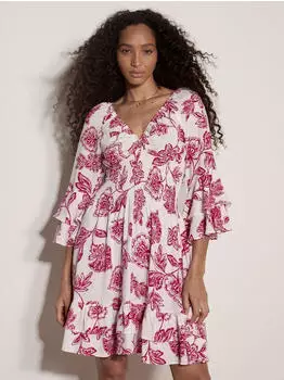 Apricot Bell Sleeve Smocked Waist Dress pink