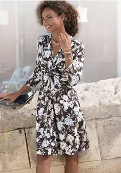 Lascana Druckkleid mit Knotendetail, b&uuml;gelfreie Ware (22632362) schwarz/braun/blau bedruckt
