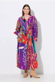 Ulla Popken Maxikleid mit Landhausdruck, Hemdkragen und Ballon-Langarm pinklila