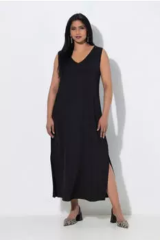 Ulla Popken Slinky Midikleid A-Linie V-Ausschnitt ärmellos (819540) schwarz