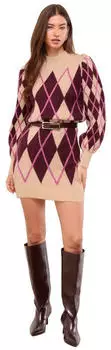 Lipsy Strick-Minikleid mit Knöpfen und Kreismuster beige/aubergine/rosa