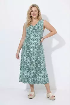 Ulla Popken Mini Kleid Häkelkleid V-Ausschnitt Spaghettiträger Ärmellos (72307878) dunkelgrün/weiß