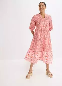 bonprix Midikleid aus Baumwolle, taillierte Passform, 3/4-Ärmel (61316834) rosa (erdbeere, wollweiß bedruckt)