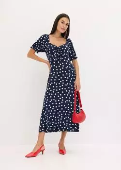 bonprix Midikleid mit Smocking, ausgestellte Passform (94736595) dunkelblau/wei&szlig; gepunktet