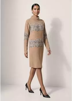 Madeleine Midi Dress H-Line mit Hahnentritt Stehkragen (60651803800380) beige/wollwei&szlig;/marine