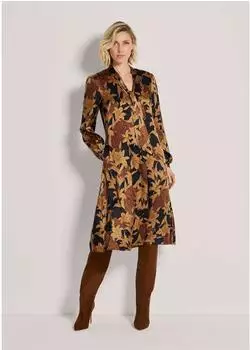 Madeleine Midi Dress Schluppenkleid mit Blütenprint macchiato/dunkelblau/cognac