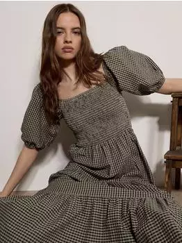 Apricot Milkmaid Midaxi-Kleid in Karomuster grün