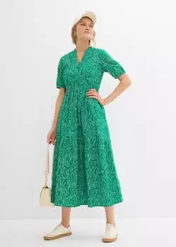 bonprix Midi Kleid k&ouml;rperumspielende Form mit Henleykragen, Halbarm (94414695) minzegr&uuml;n/wollwei&szlig; bedruckt